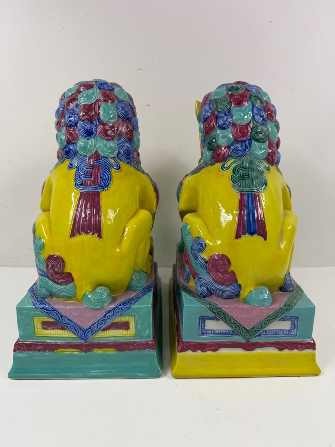 Pair Of Vintage Chinese Famille Jaune Porcelain Guardian Lion Foo Dog Statues With Polychrome Glaze And Workshop Maker Marks - See Photos For Condition (One Has Chips Along Base) 8.5'W X 6'D X 12'H [Photo 10]