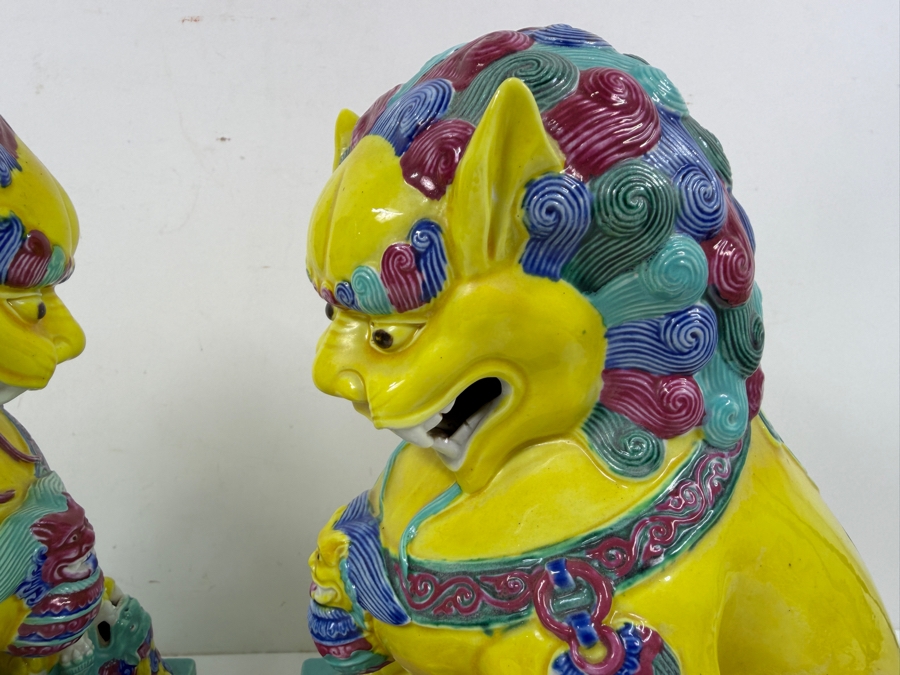 Pair Of Vintage Chinese Famille Jaune Porcelain Guardian Lion Foo Dog Statues With Polychrome Glaze And Workshop Maker Marks - See Photos For Condition (One Has Chips Along Base) 8.5'W X 6'D X 12'H [Photo 9]