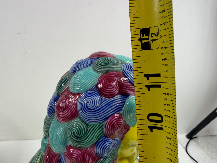 Pair Of Vintage Chinese Famille Jaune Porcelain Guardian Lion Foo Dog Statues With Polychrome Glaze And Workshop Maker Marks - See Photos For Condition (One Has Chips Along Base) 8.5'W X 6'D X 12'H [Photo 17]