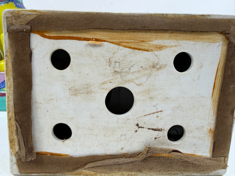 Pair Of Vintage Chinese Famille Jaune Porcelain Guardian Lion Foo Dog Statues With Polychrome Glaze And Workshop Maker Marks - See Photos For Condition (One Has Chips Along Base) 8.5'W X 6'D X 12'H [Photo 12]