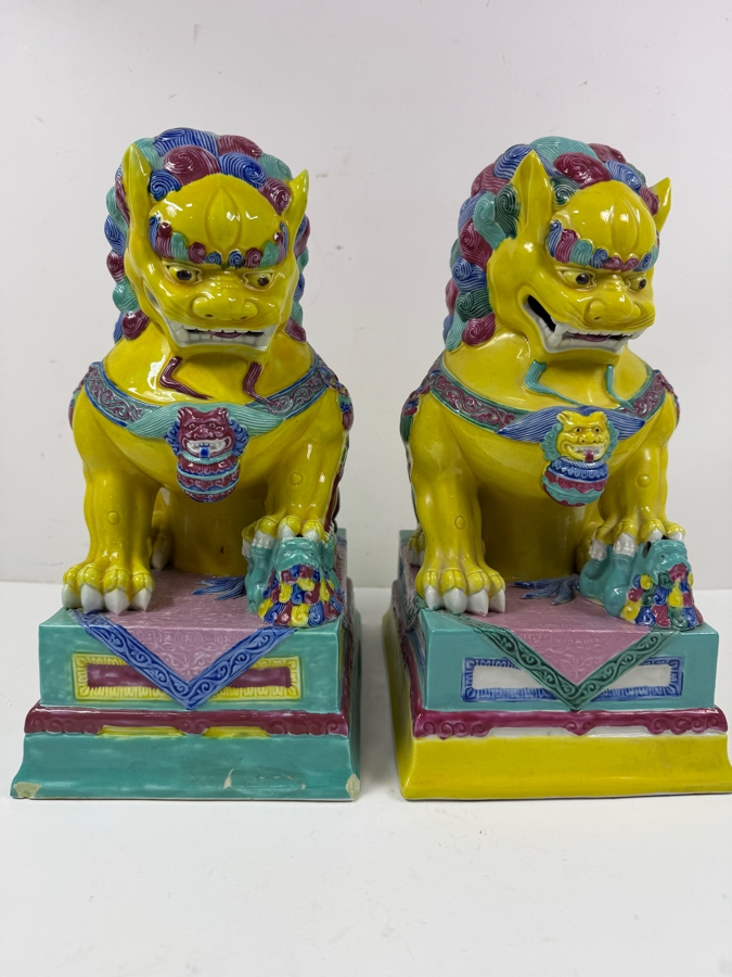 Pair Of Vintage Chinese Famille Jaune Porcelain Guardian Lion Foo Dog Statues With Polychrome Glaze And Workshop Maker Marks - See Photos For Condition (One Has Chips Along Base) 8.5'W X 6'D X 12'H [Photo 2]