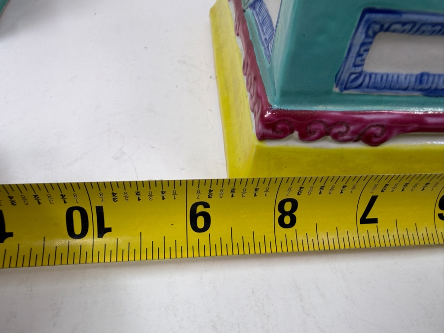 Pair Of Vintage Chinese Famille Jaune Porcelain Guardian Lion Foo Dog Statues With Polychrome Glaze And Workshop Maker Marks - See Photos For Condition (One Has Chips Along Base) 8.5'W X 6'D X 12'H [Photo 15]