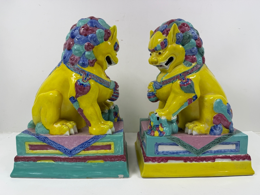 Pair Of Vintage Chinese Famille Jaune Porcelain Guardian Lion Foo Dog Statues With Polychrome Glaze And Workshop Maker Marks - See Photos For Condition (One Has Chips Along Base) 8.5'W X 6'D X 12'H [Photo 7]
