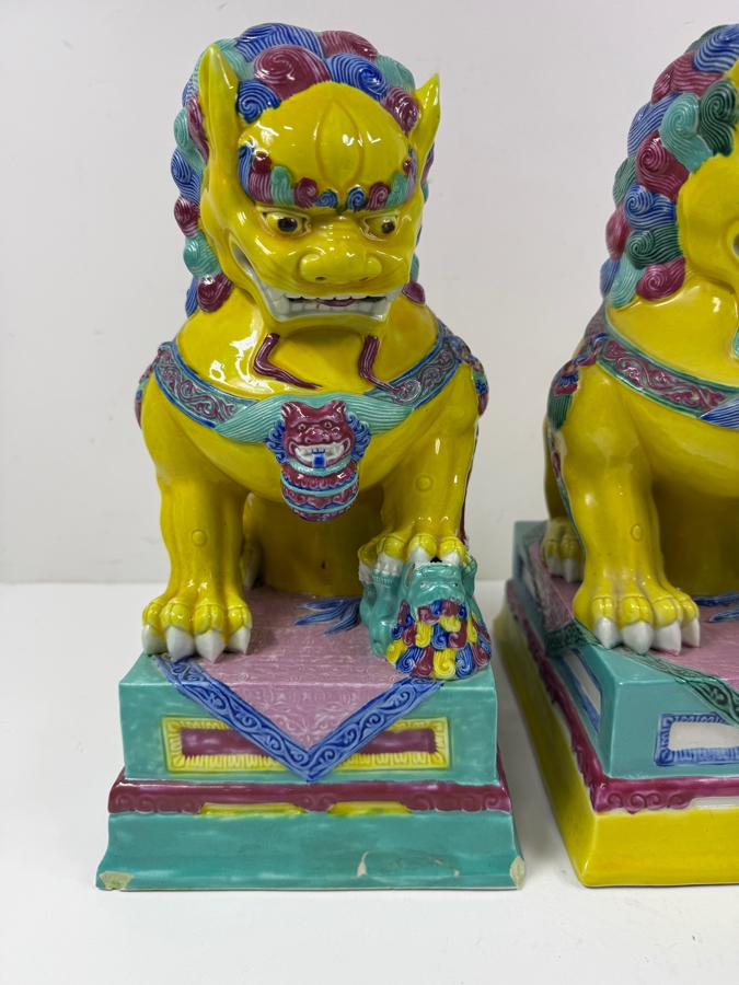 Pair Of Vintage Chinese Famille Jaune Porcelain Guardian Lion Foo Dog Statues With Polychrome Glaze And Workshop Maker Marks - See Photos For Condition (One Has Chips Along Base) 8.5'W X 6'D X 12'H [Photo 4]