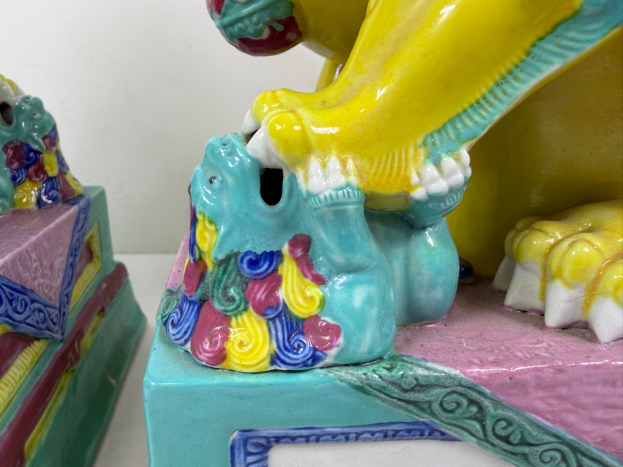 Pair Of Vintage Chinese Famille Jaune Porcelain Guardian Lion Foo Dog Statues With Polychrome Glaze And Workshop Maker Marks - See Photos For Condition (One Has Chips Along Base) 8.5'W X 6'D X 12'H [Photo 8]