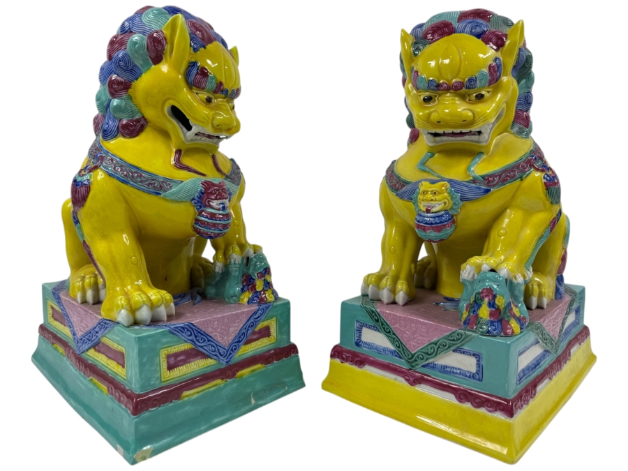 Pair Of Vintage Chinese Famille Jaune Porcelain Guardian Lion Foo Dog Statues With Polychrome Glaze And Workshop Maker Marks - See Photos For Condition (One Has Chips Along Base) 8.5'W X 6'D X 12'H