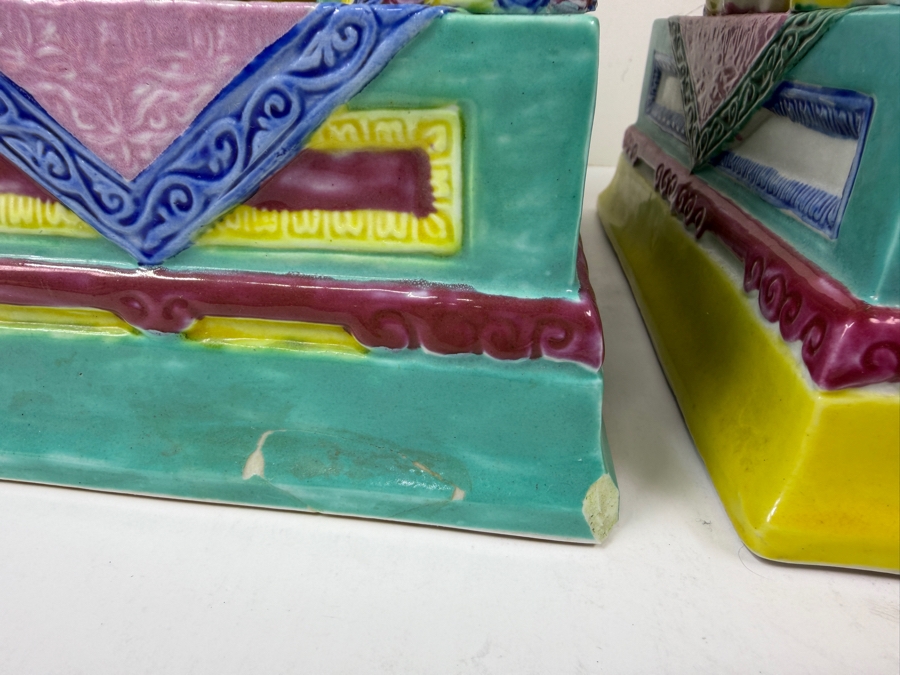 Pair Of Vintage Chinese Famille Jaune Porcelain Guardian Lion Foo Dog Statues With Polychrome Glaze And Workshop Maker Marks - See Photos For Condition (One Has Chips Along Base) 8.5'W X 6'D X 12'H [Photo 5]