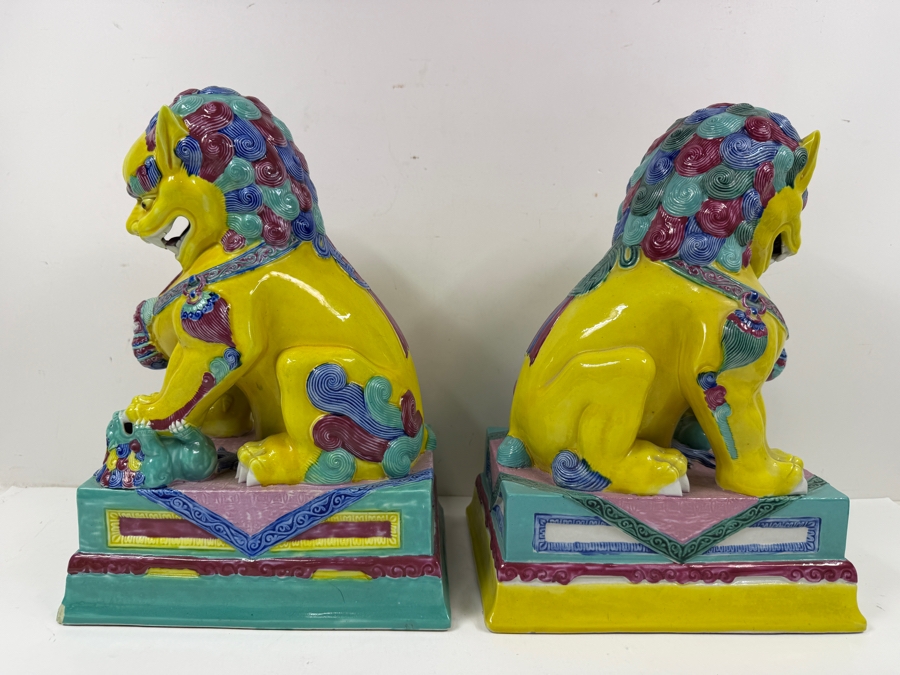 Pair Of Vintage Chinese Famille Jaune Porcelain Guardian Lion Foo Dog Statues With Polychrome Glaze And Workshop Maker Marks - See Photos For Condition (One Has Chips Along Base) 8.5'W X 6'D X 12'H [Photo 11]