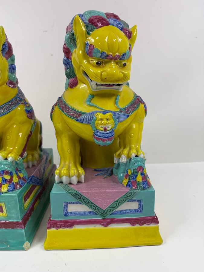 Pair Of Vintage Chinese Famille Jaune Porcelain Guardian Lion Foo Dog Statues With Polychrome Glaze And Workshop Maker Marks - See Photos For Condition (One Has Chips Along Base) 8.5'W X 6'D X 12'H [Photo 3]