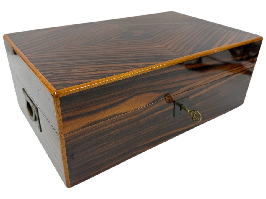 Davidoff Exotic Wood Cigar Humidor Box With Lock And Key Including Assorted Smoking Accessories 15'W X 9'D X 5.5'H