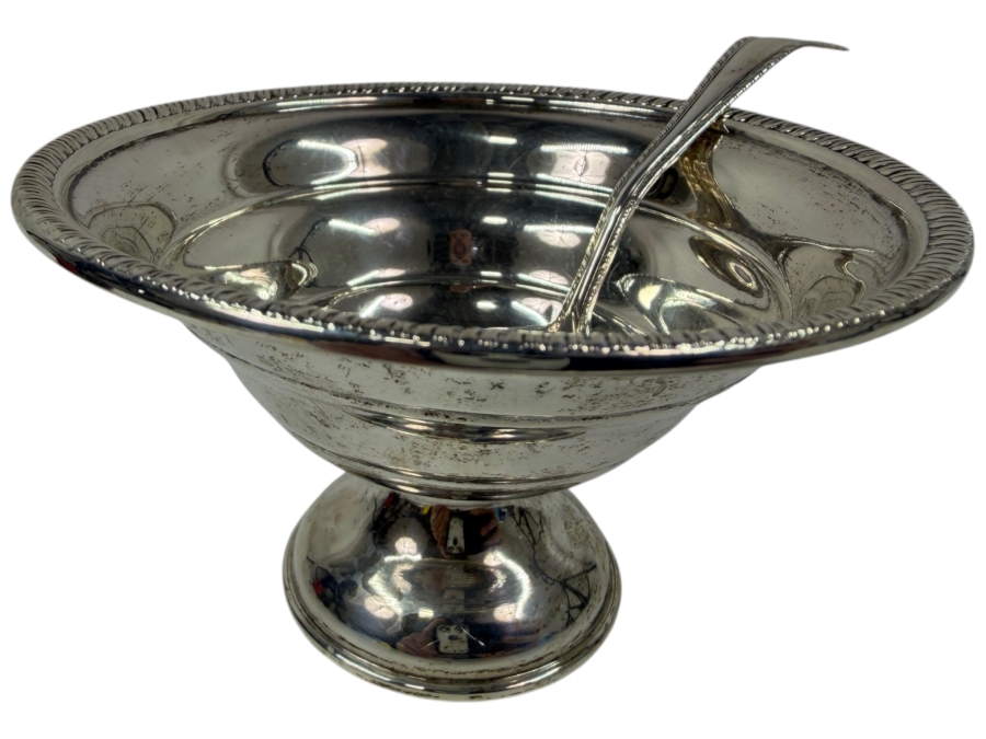 Weighted Sterling Silver Footed Bowl With Serving Ladle And Embossed Rim 119.7g