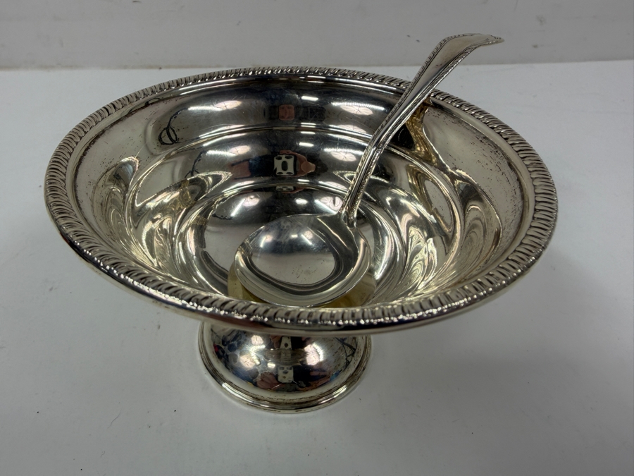 Weighted Sterling Silver Footed Bowl With Serving Ladle And Embossed Rim 119.7g [Photo 3]