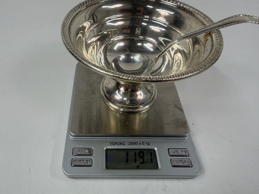 Weighted Sterling Silver Footed Bowl With Serving Ladle And Embossed Rim 119.7g [Photo 8]