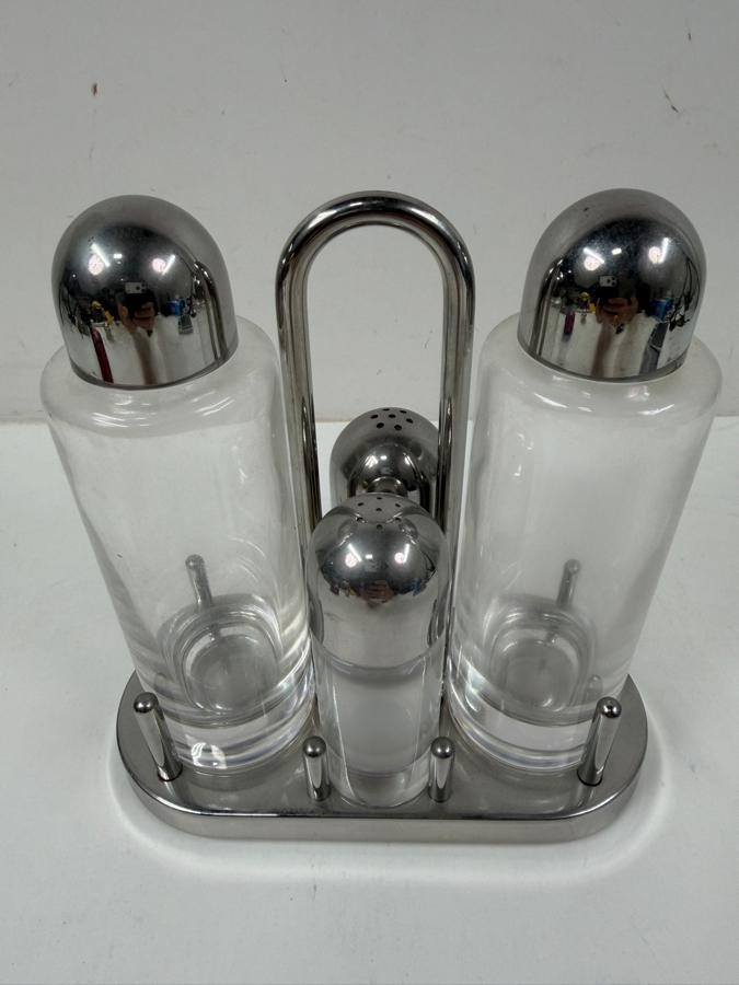 Alessi Italy Inox Stainless Steel Four Piece Condiment Set By Ettore Sottsass With Oil Vinegar Bottles Salt And Pepper Shakers 7'W X 7.5'H [Photo 2]
