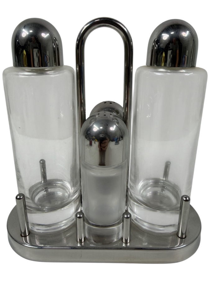 Alessi Italy Inox Stainless Steel Four Piece Condiment Set By Ettore Sottsass With Oil Vinegar Bottles Salt And Pepper Shakers 7'W X 7.5'H