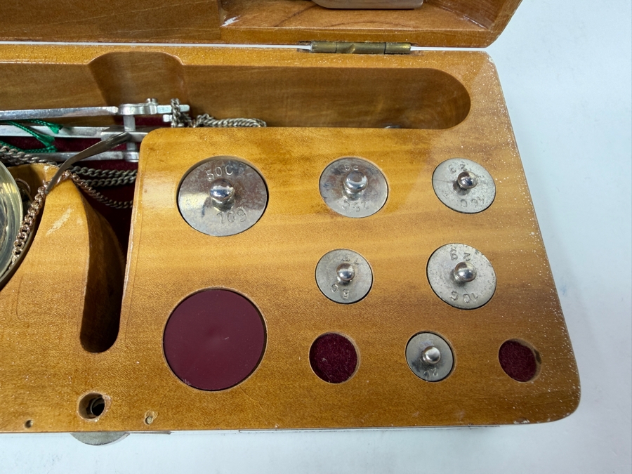 Vintage Haigis Apothecary Balance Scale Set In Fitted Polished Wooden Presentation Case - Missing Some Weights 5.75'W X 3'D X 1.5'H [Photo 4]