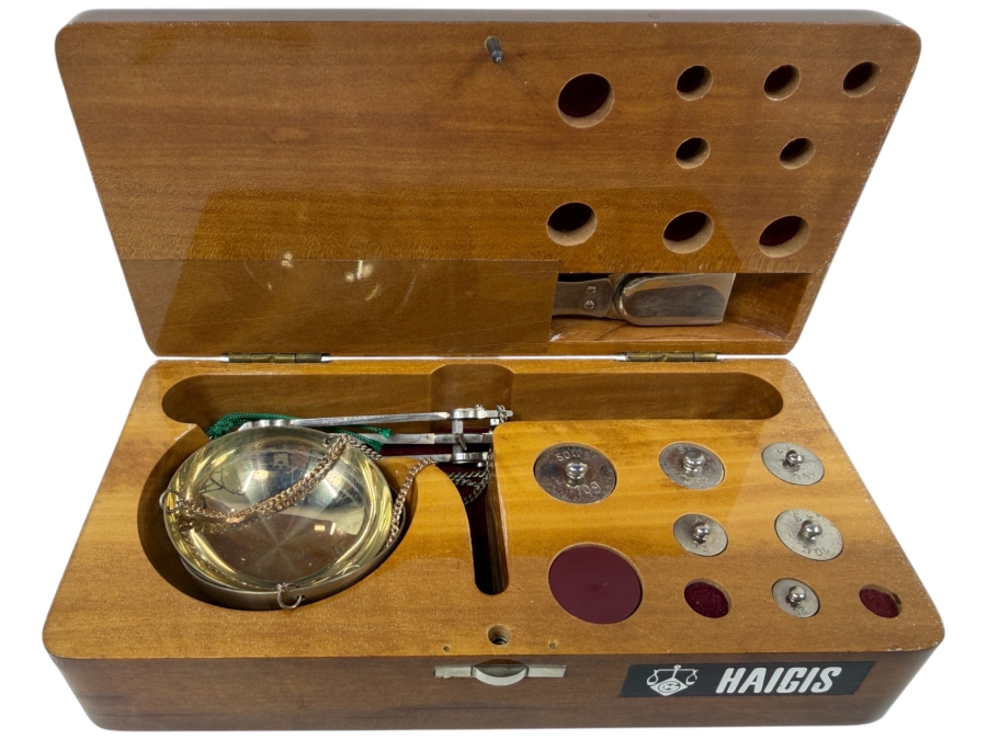 Vintage Haigis Apothecary Balance Scale Set In Fitted Polished Wooden Presentation Case - Missing Some Weights 5.75'W X 3'D X 1.5'H