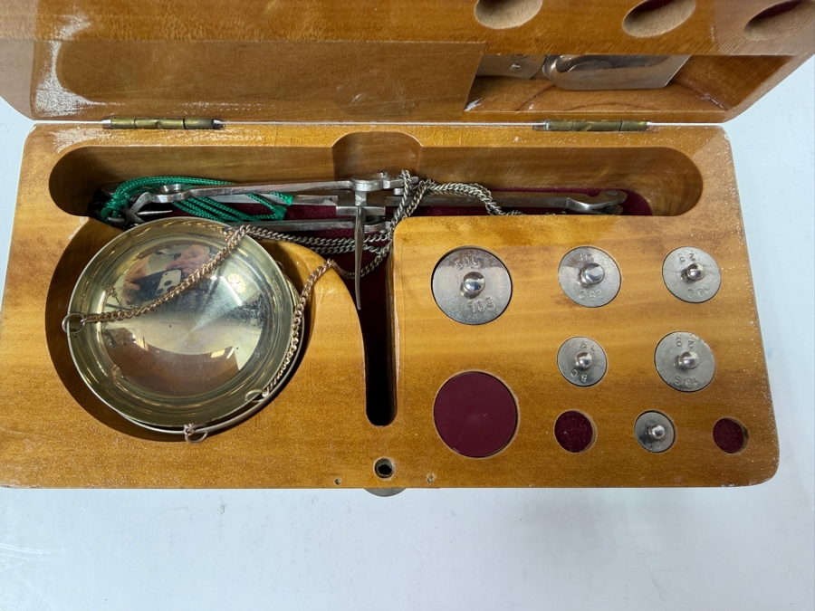 Vintage Haigis Apothecary Balance Scale Set In Fitted Polished Wooden Presentation Case - Missing Some Weights 5.75'W X 3'D X 1.5'H [Photo 3]