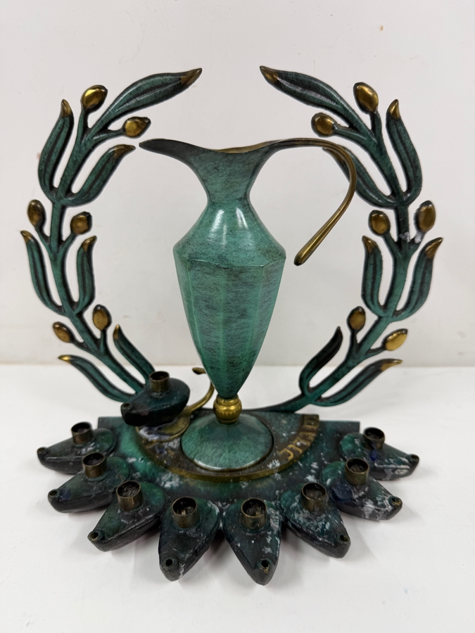 Vintage 1950s Maurice Ascalon Pal Bell Model 841 Bronze Verdigris Laurel Wreath Oil Burning Hanukkah Menorah Made In Israel 9'H [Photo 2]
