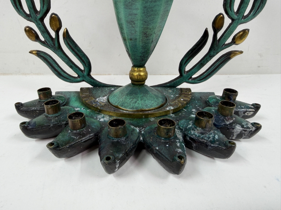 Vintage 1950s Maurice Ascalon Pal Bell Model 841 Bronze Verdigris Laurel Wreath Oil Burning Hanukkah Menorah Made In Israel 9'H [Photo 4]