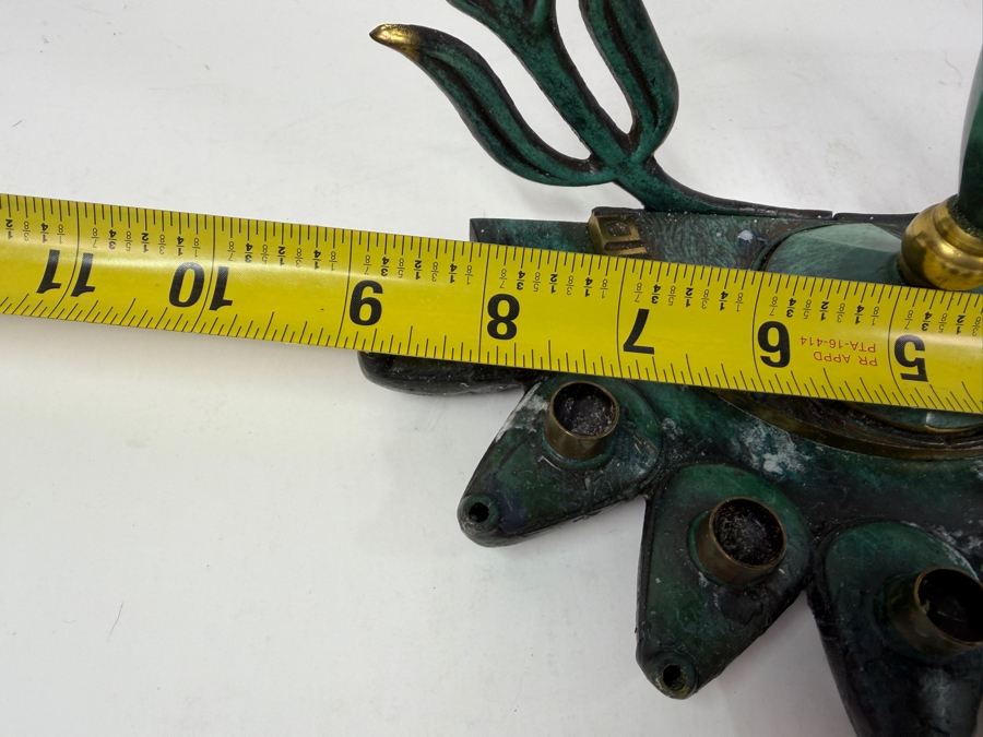 Vintage 1950s Maurice Ascalon Pal Bell Model 841 Bronze Verdigris Laurel Wreath Oil Burning Hanukkah Menorah Made In Israel 9'H [Photo 9]