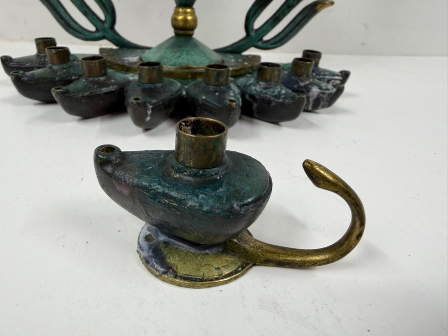 Vintage 1950s Maurice Ascalon Pal Bell Model 841 Bronze Verdigris Laurel Wreath Oil Burning Hanukkah Menorah Made In Israel 9'H [Photo 5]