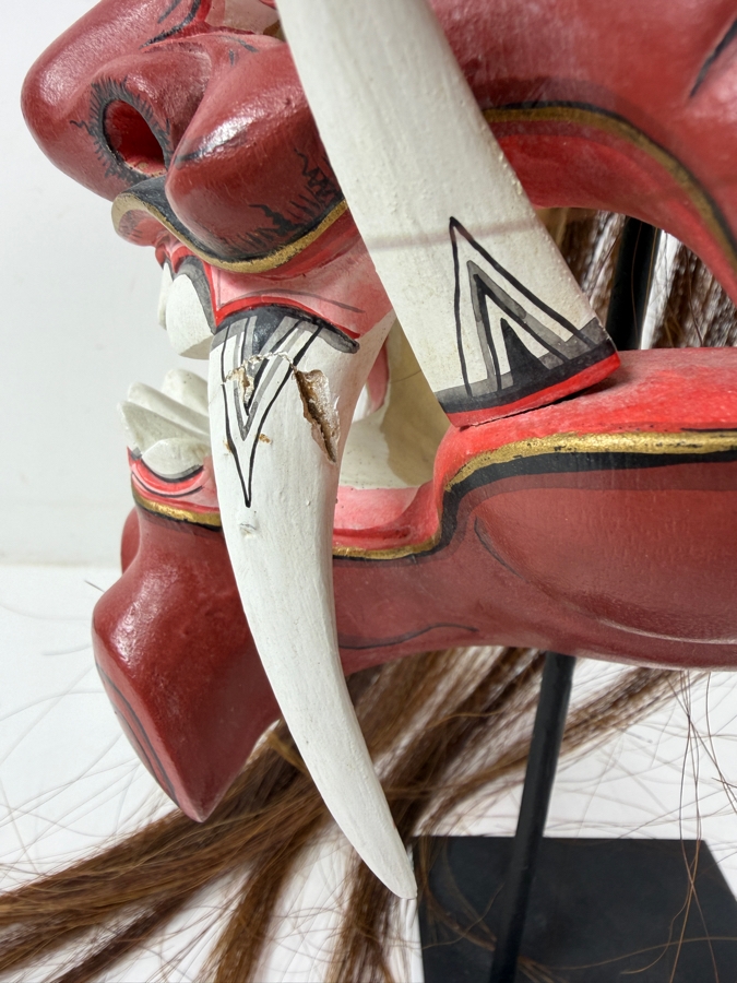 Vintage Hand-Carved Indonesian Balinese Rangda Demon Mask on Stand 11'W X 10'H
 [Photo 5]