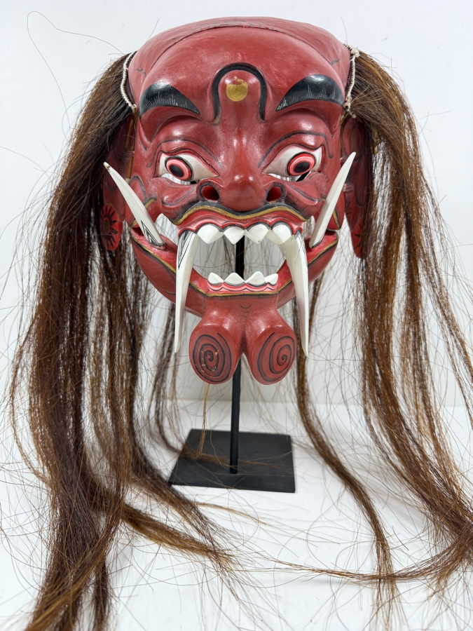 Vintage Hand-Carved Indonesian Balinese Rangda Demon Mask on Stand 11'W X 10'H
 [Photo 3]