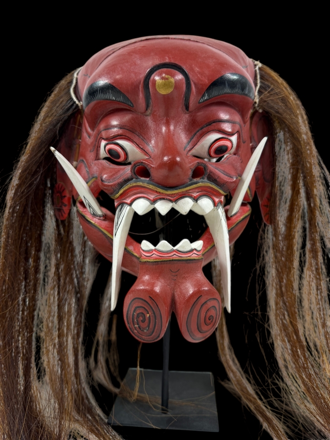 Vintage Hand-Carved Indonesian Balinese Rangda Demon Mask on Stand 11'W X 10'H
 [Photo 2]