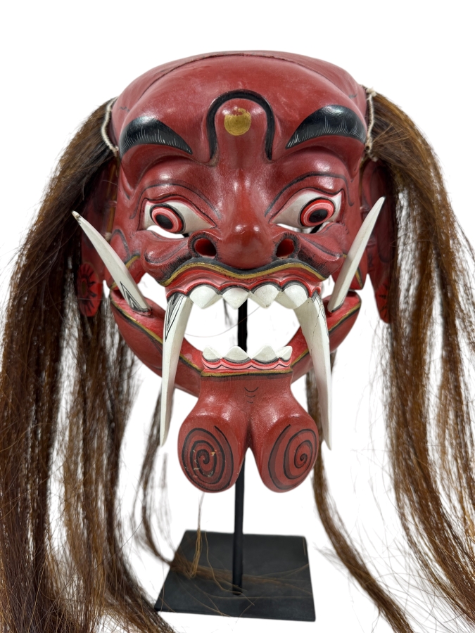 Vintage Hand-Carved Indonesian Balinese Rangda Demon Mask on Stand 11'W X 10'H
