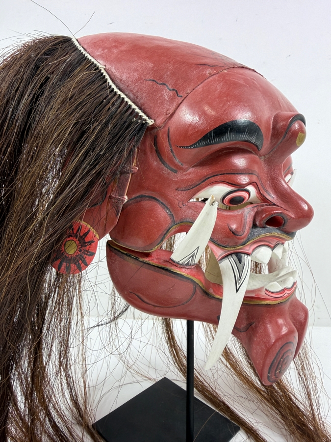 Vintage Hand-Carved Indonesian Balinese Rangda Demon Mask on Stand 11'W X 10'H
 [Photo 6]