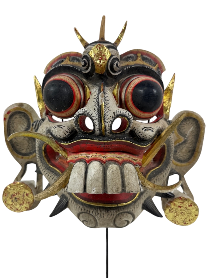 Intricate Balinese Wood Carved Mask On Stand With Ornate Gold Accents 12'W X 11.5'H