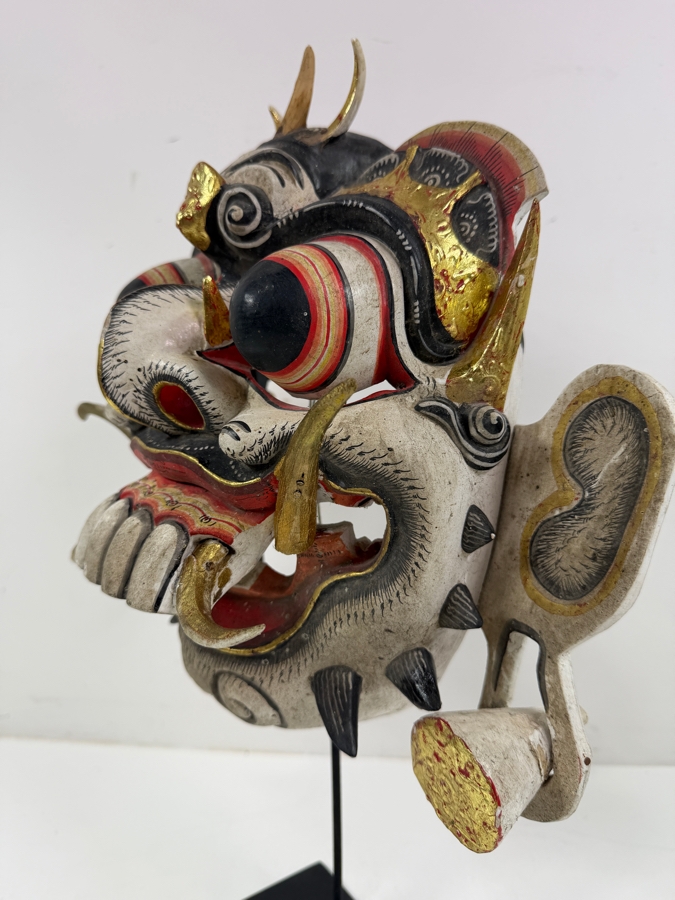 Intricate Balinese Wood Carved Mask On Stand With Ornate Gold Accents 12'W X 11.5'H [Photo 4]