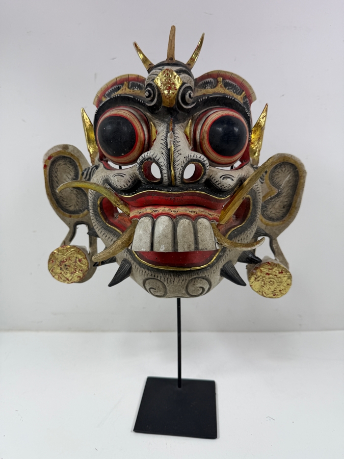 Intricate Balinese Wood Carved Mask On Stand With Ornate Gold Accents 12'W X 11.5'H [Photo 2]