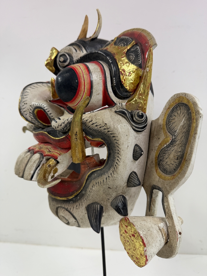 Intricate Balinese Wood Carved Mask On Stand With Ornate Gold Accents 12'W X 11.5'H [Photo 5]