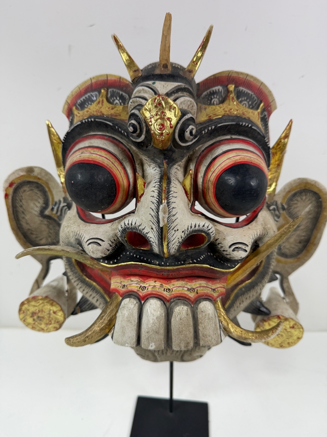 Intricate Balinese Wood Carved Mask On Stand With Ornate Gold Accents 12'W X 11.5'H [Photo 3]