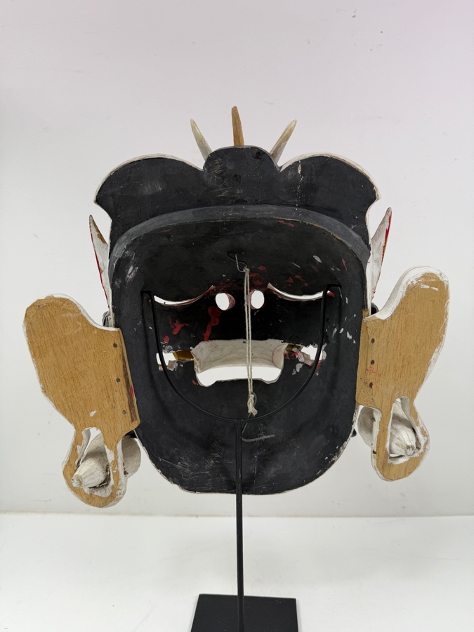 Intricate Balinese Wood Carved Mask On Stand With Ornate Gold Accents 12'W X 11.5'H [Photo 6]