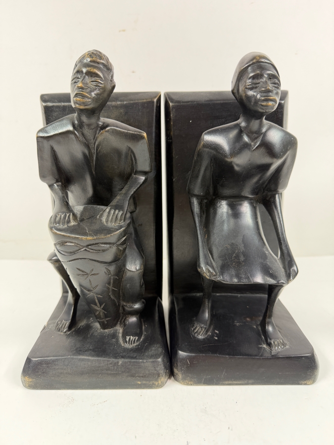 Vintage Pair Of Hand Carved African Tribal Figures Drummer And Dancer Bookends 10'W X 10'H [Photo 4]