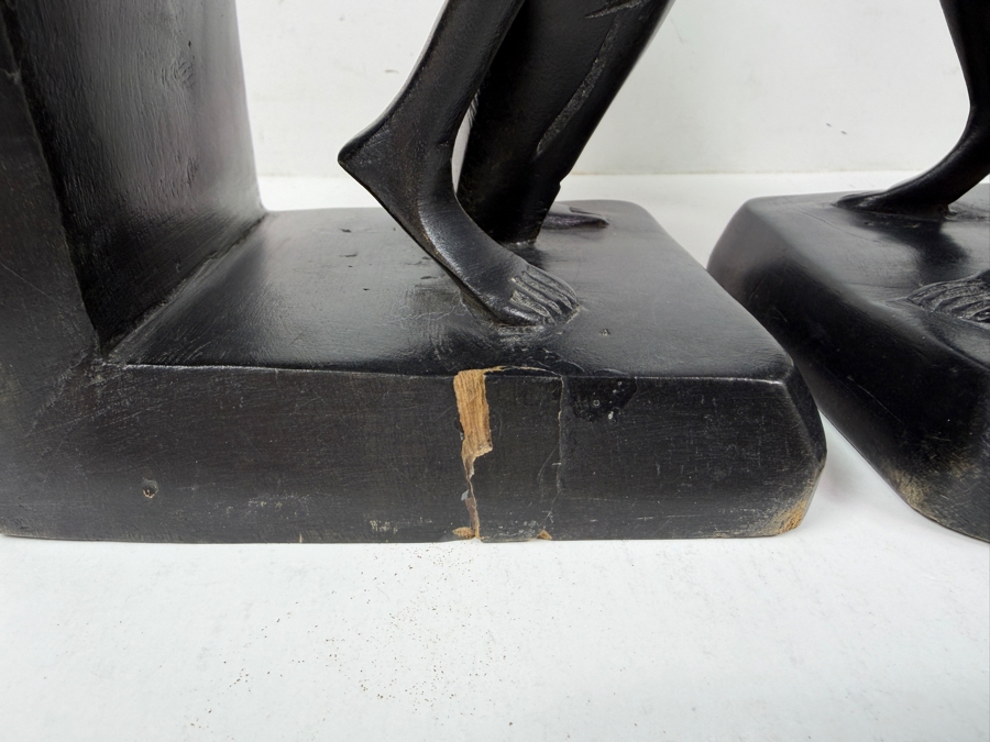 Vintage Pair Of Hand Carved African Tribal Figures Drummer And Dancer Bookends 10'W X 10'H [Photo 3]