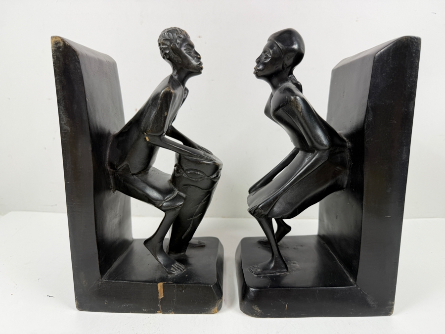 Vintage Pair Of Hand Carved African Tribal Figures Drummer And Dancer Bookends 10'W X 10'H [Photo 2]