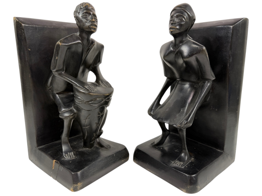 Vintage Pair Of Hand Carved African Tribal Figures Drummer And Dancer Bookends 10'W X 10'H
