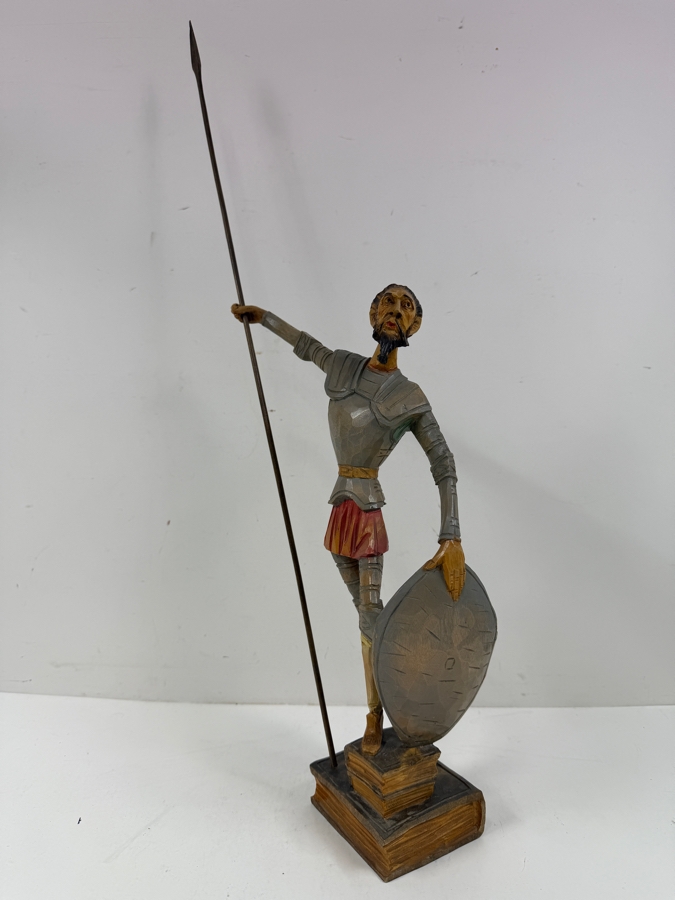 Don Quixote Knight Of La Mancha Wooden Sculpture On Book Base Vintage Figurine 24'H [Photo 2]