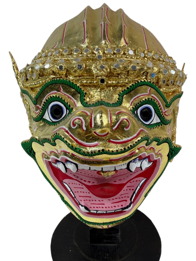 Traditional Thai Khon Gold Leaf Monkey Character Dance Mask With Stand 14.5'H