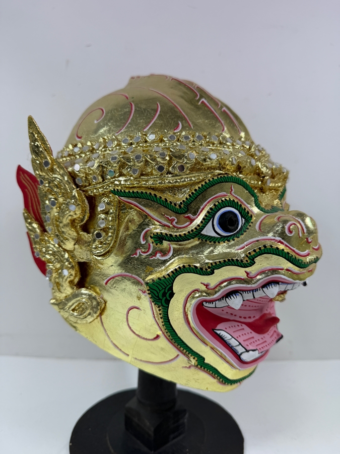 Traditional Thai Khon Gold Leaf Monkey Character Dance Mask With Stand 14.5'H [Photo 4]