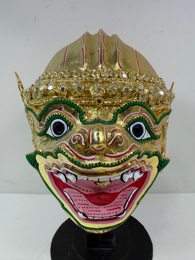 Traditional Thai Khon Gold Leaf Monkey Character Dance Mask With Stand 14.5'H [Photo 3]