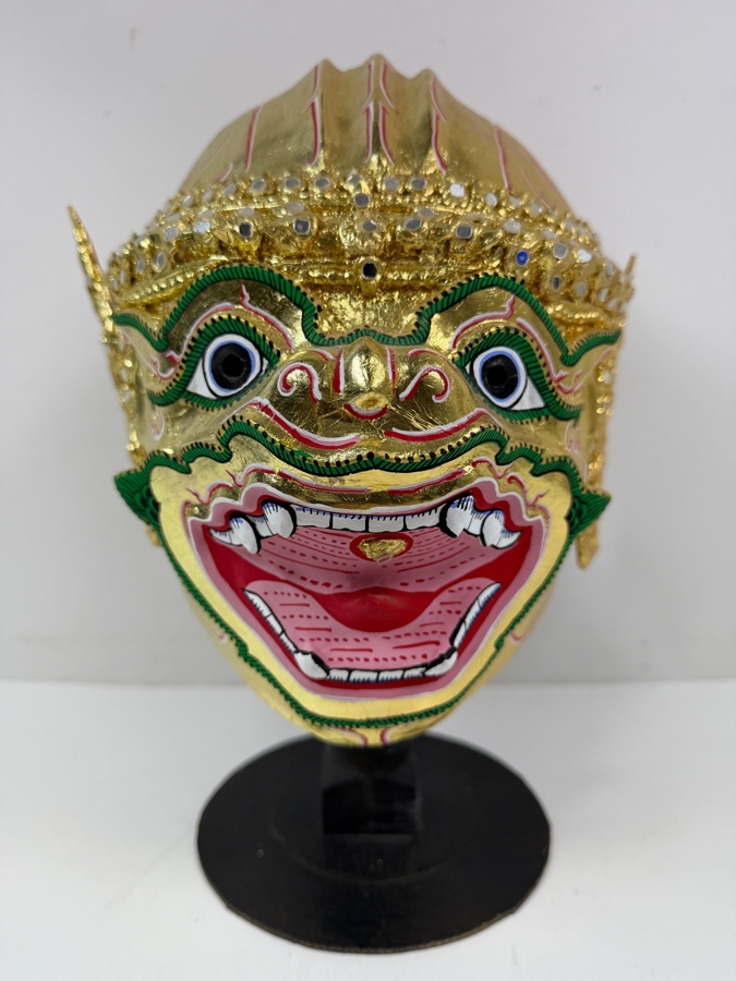 Traditional Thai Khon Gold Leaf Monkey Character Dance Mask With Stand 14.5'H [Photo 2]