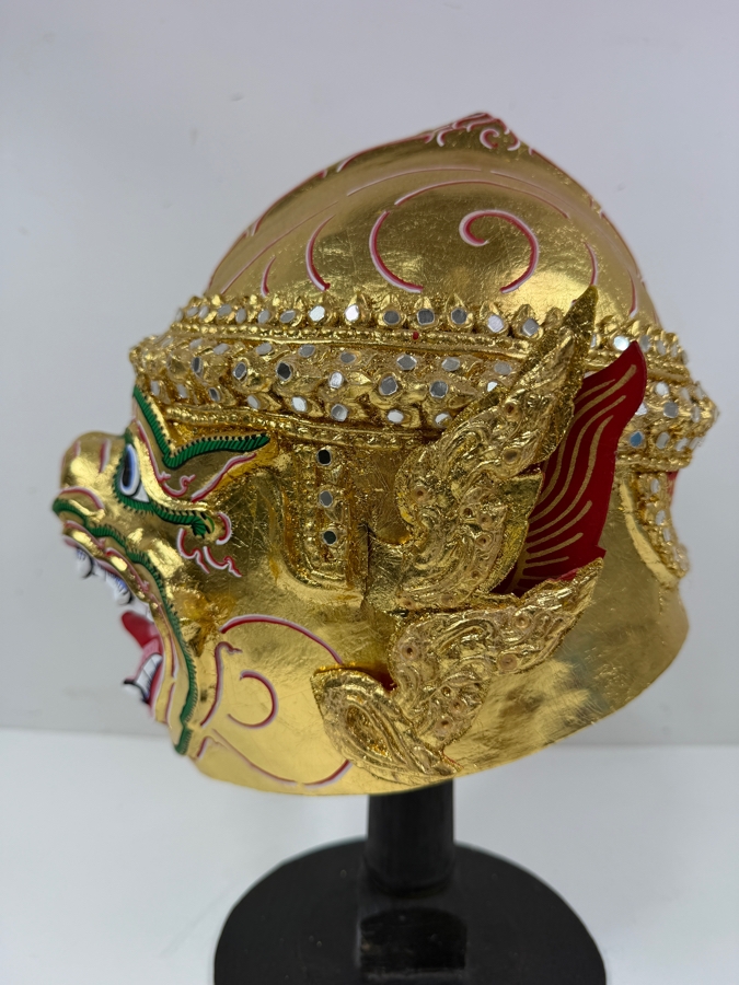 Traditional Thai Khon Gold Leaf Monkey Character Dance Mask With Stand 14.5'H [Photo 7]