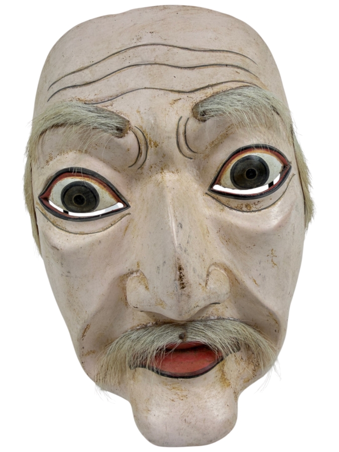 Vintage Hand Carved Wooden Japanese Noh Old Man Theater Mask With Stand 6'W X 12'H