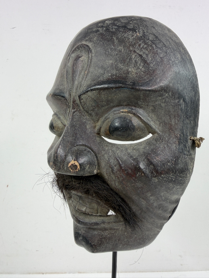 Vintage Hand Carved Wooden Face Mask Featuring Real Hair Mustache With Stand 6'W X 15'H [Photo 5]