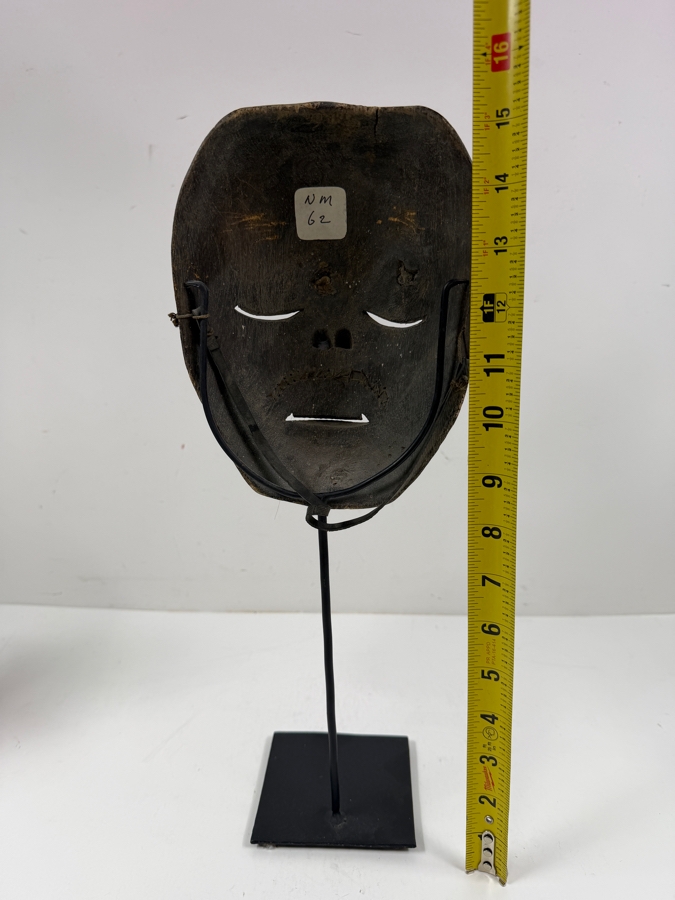 Vintage Hand Carved Wooden Face Mask Featuring Real Hair Mustache With Stand 6'W X 15'H [Photo 7]